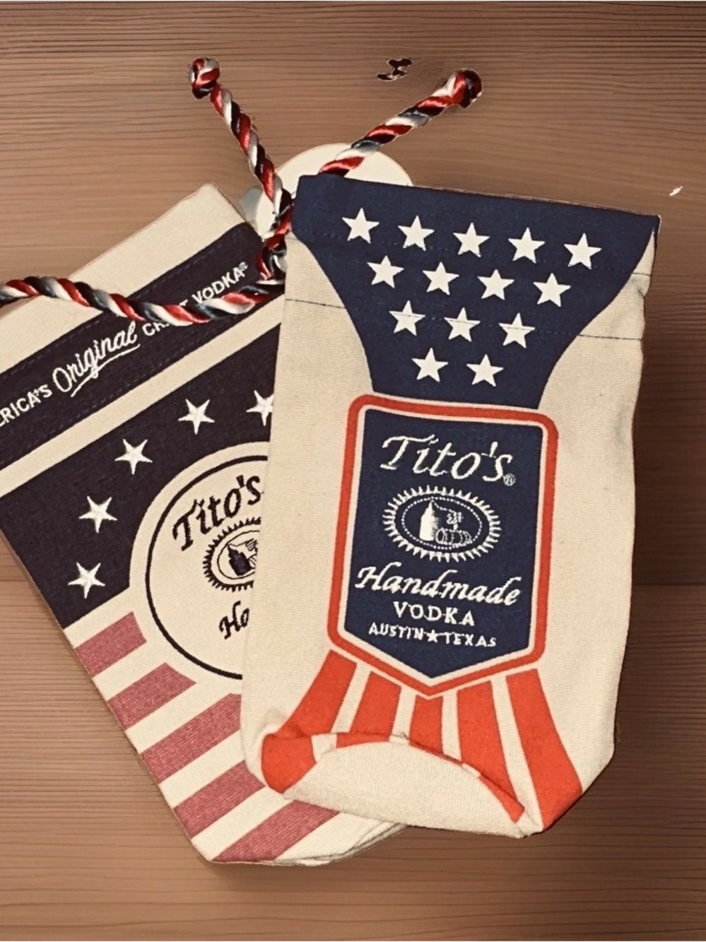2-Tito's Handmade Vodka American Flag Burlap Bottle Bags 25th Anniversary W/tags